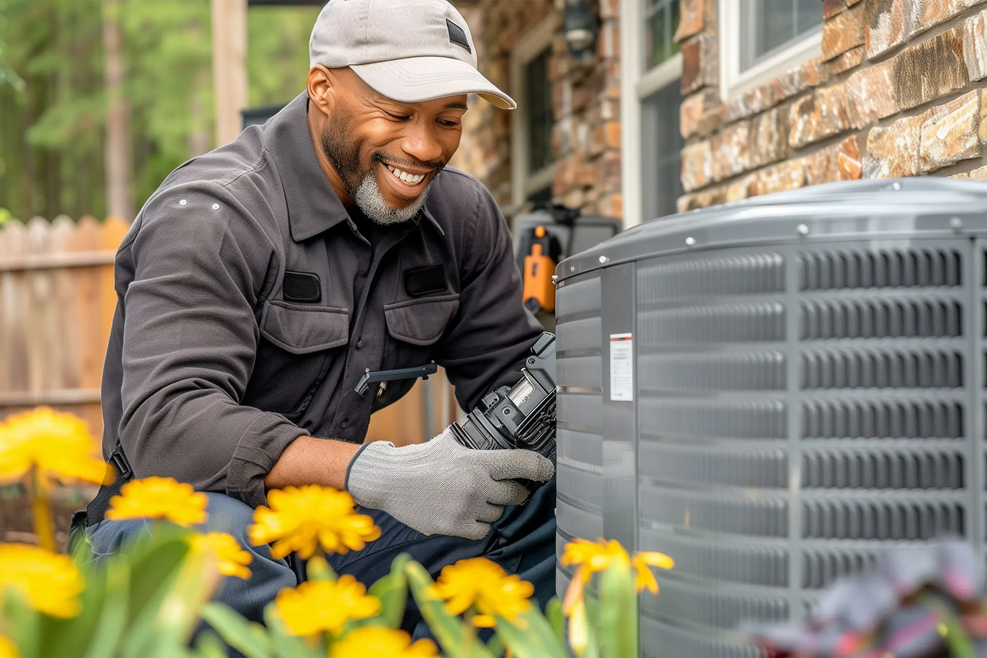 A technician inspects and repairs an outdoor HVAC unit surrounded by vibrant yellow flowers, with a house in the background