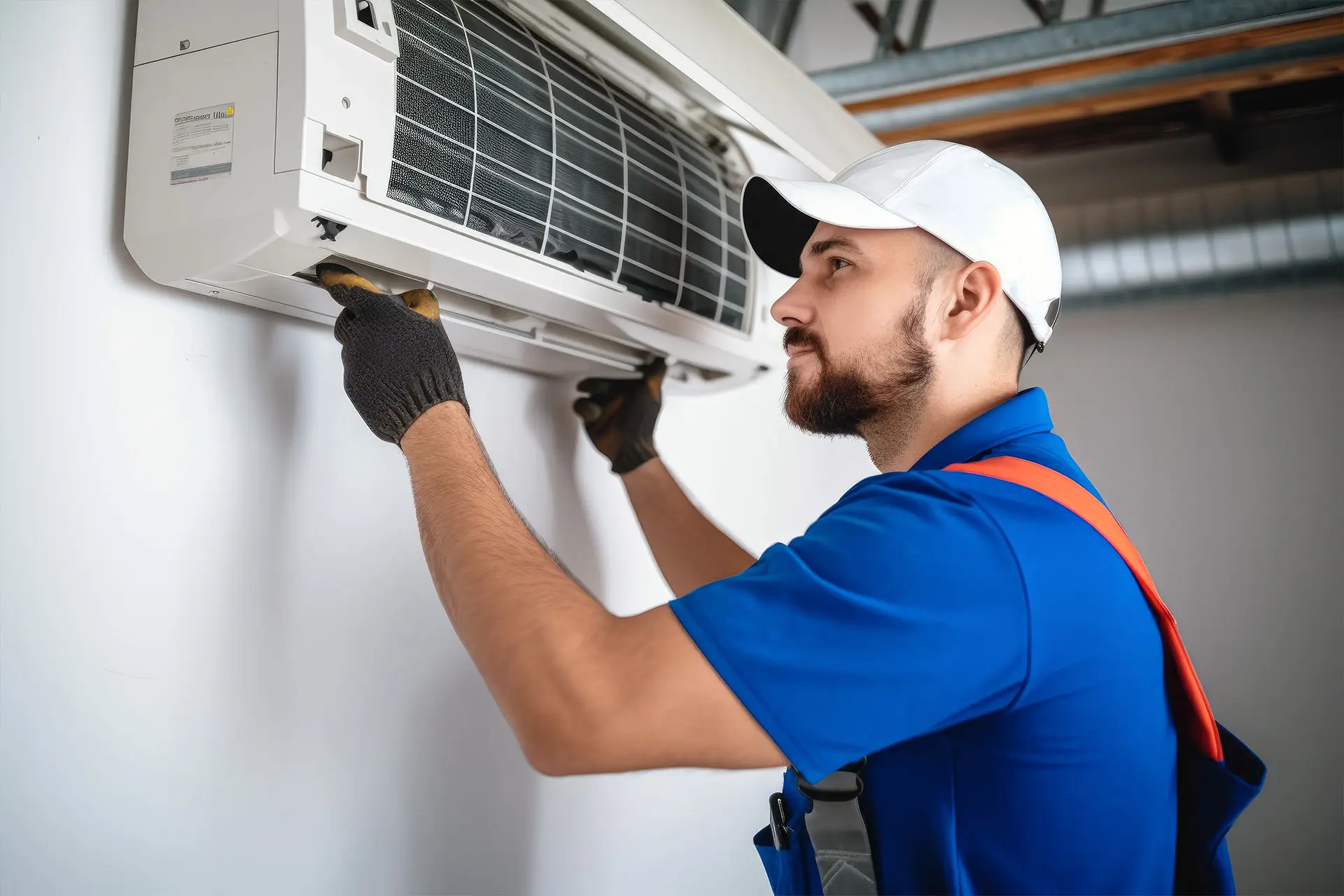 Technician working on air conditioning indoor unit.